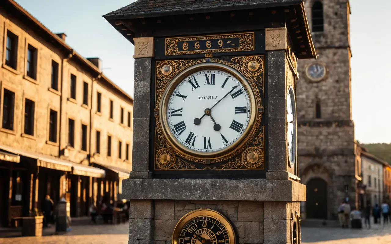 A tall stone clock tower standing in a small town square during golden hour, warm sunlight hitting its weathered surface, visible mechanical gears inside the glass face, people walking nearby on cobblestone pavement.