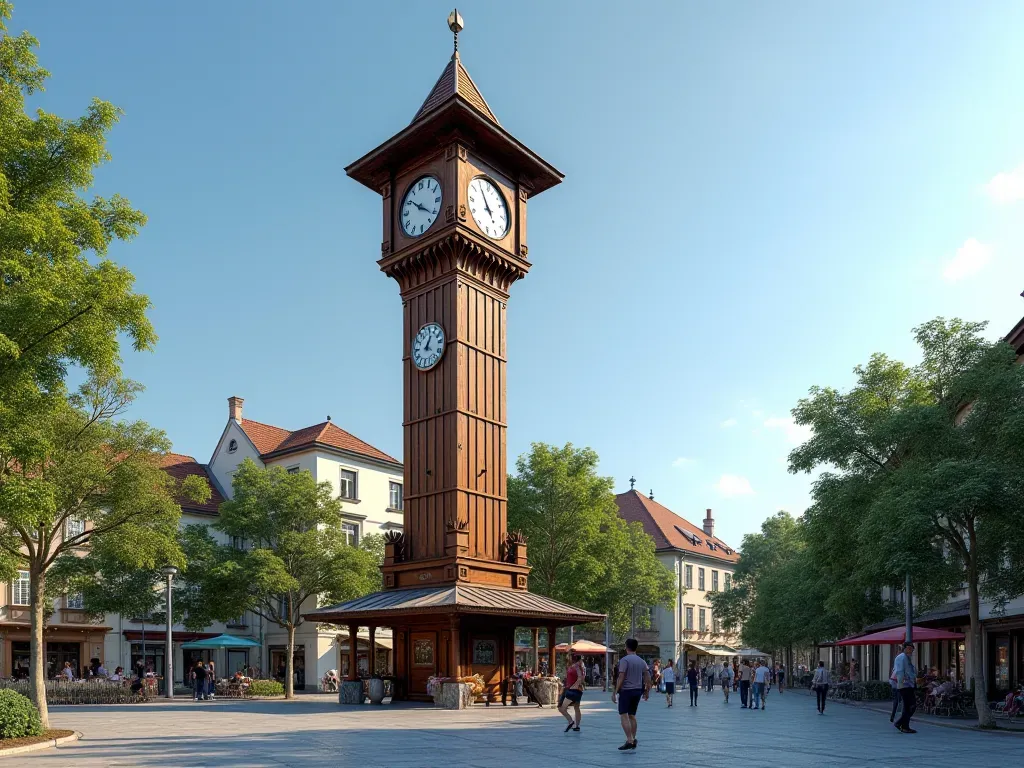 A tall wooden clock tower standing in a small town square with people walking around and green trees in the background under clear blue sky.
