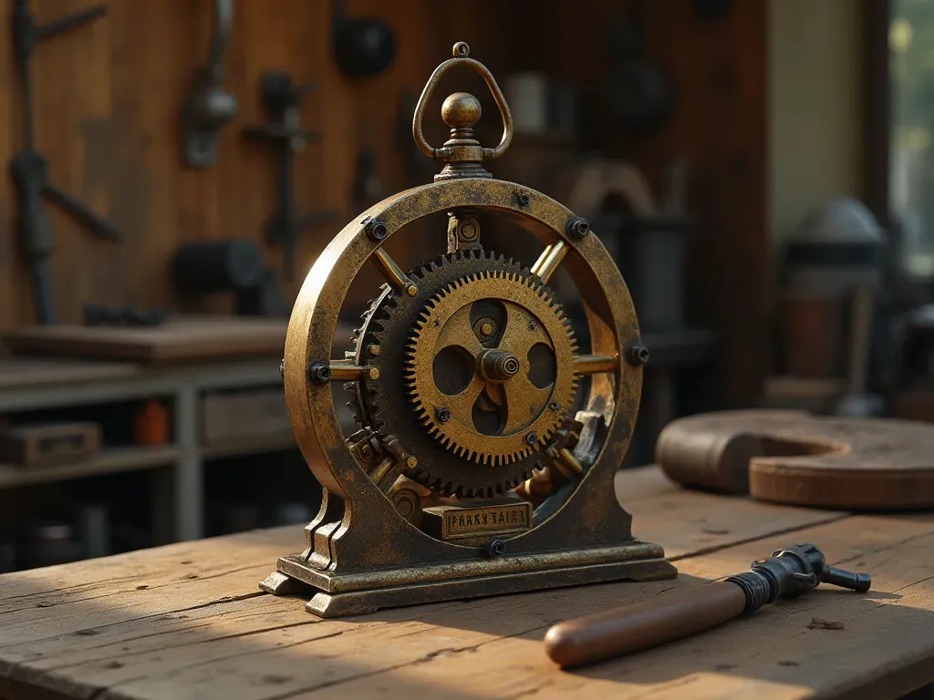 A vintage mechanical clock gear system resting on a wooden workshop table with tools nearby showing aged brass components and soft natural lighting illuminating intricate metal textures without any written labels or text.