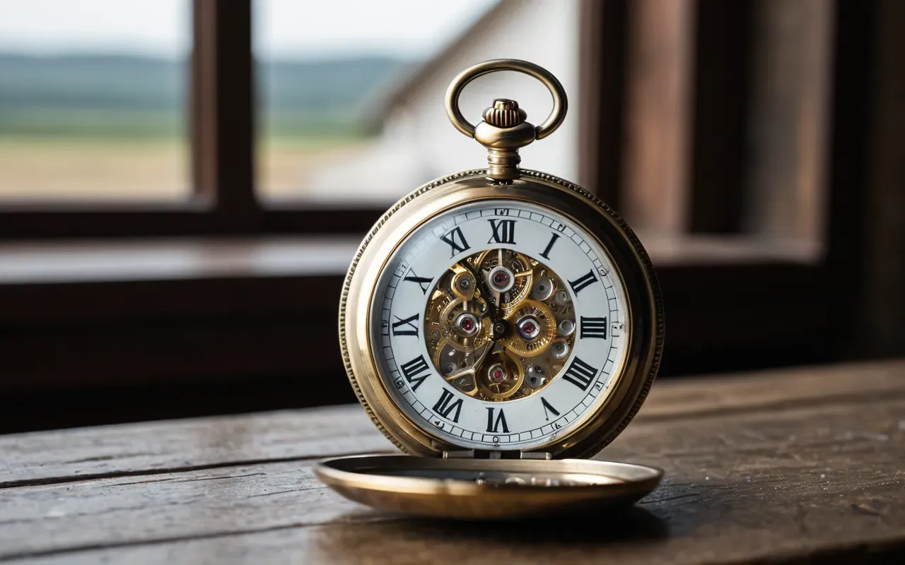 vintage mekanik saat detayları A vintage pocket watch open to reveal its intricate internal gears and balance wheel with soft natural light coming from a nearby window.
