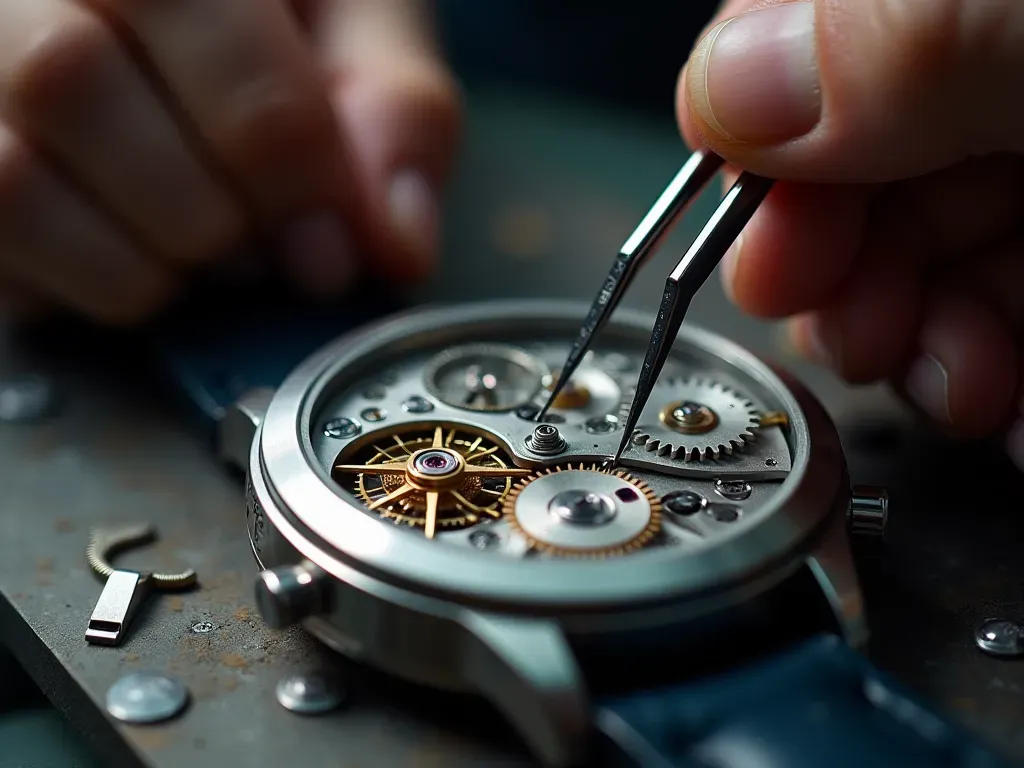 otomatik saat mekanizması A watchmaker's hands using fine tweezers to adjust a tiny gear inside an automatic movement under bright focused lighting.