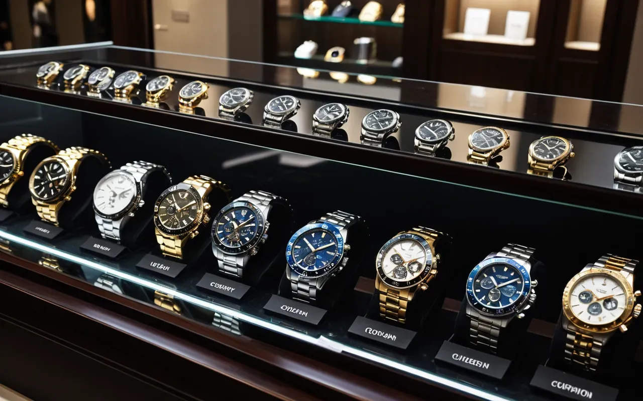 A well-lit display case in a luxury boutique showcasing various high-end wristwatches with metallic bands and glass faces. The lighting creates elegant reflections on the watch cases while the background remains softly blurred to focus attention on the products.