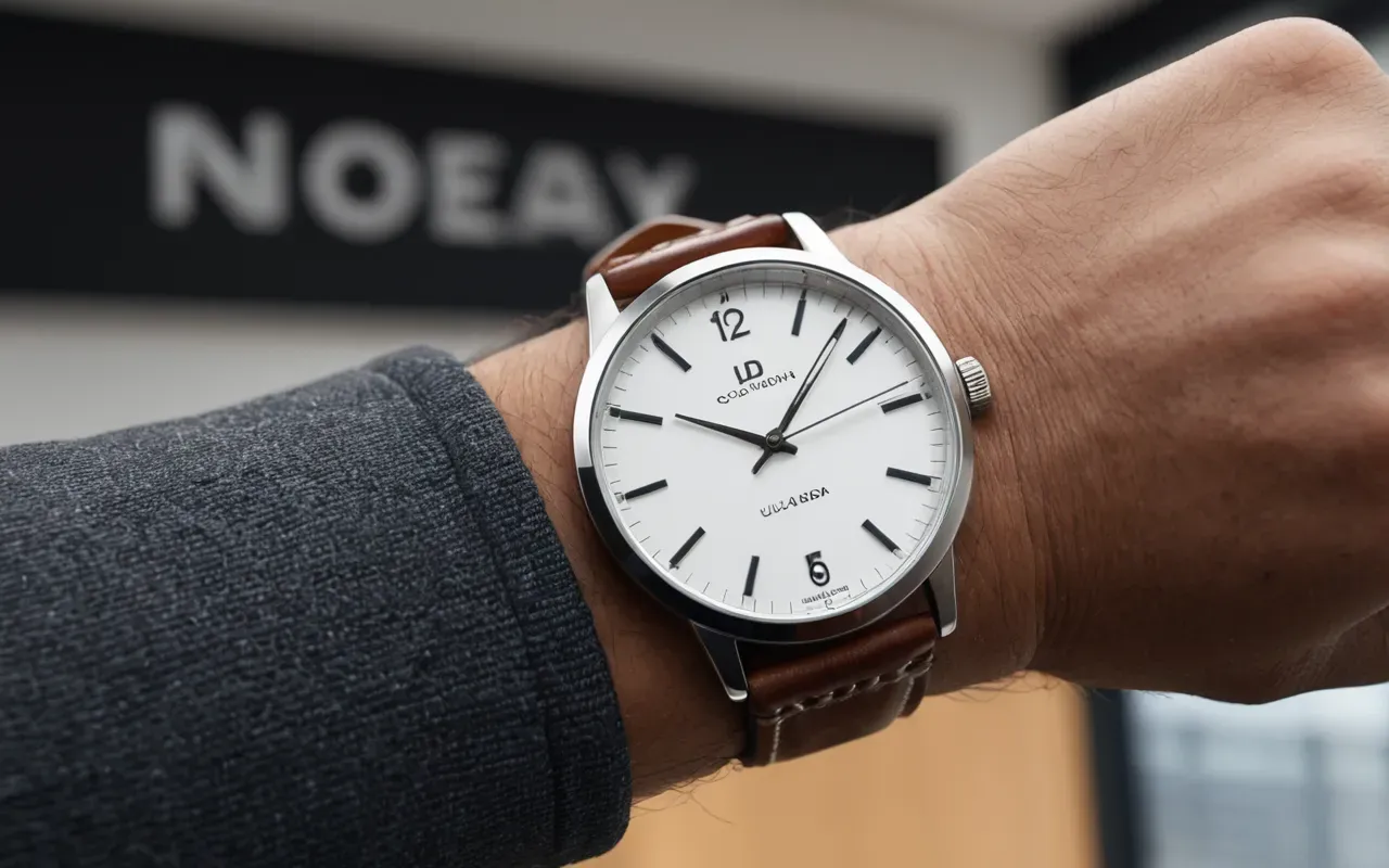 A wrist wearing a sophisticated silver watch with a leather strap against a blurred modern office background.