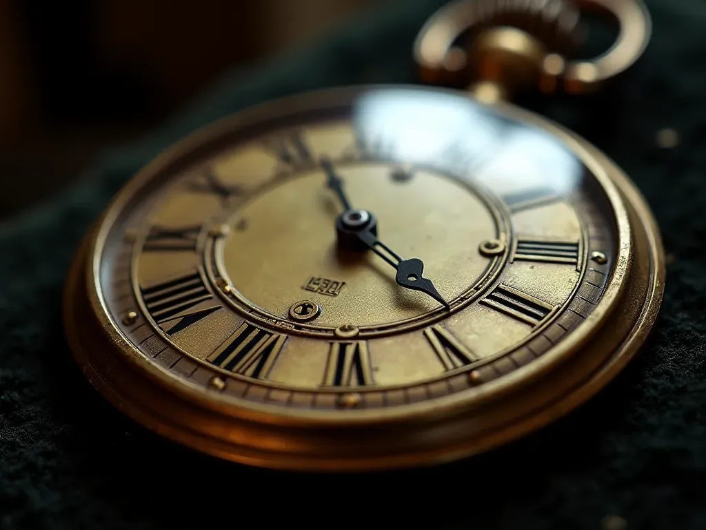 An antique brass clock face showing intricate Roman numerals and delicate hands resting on a dark velvet surface with soft dramatic lighting highlighting aged metal textures without any written text or labels.