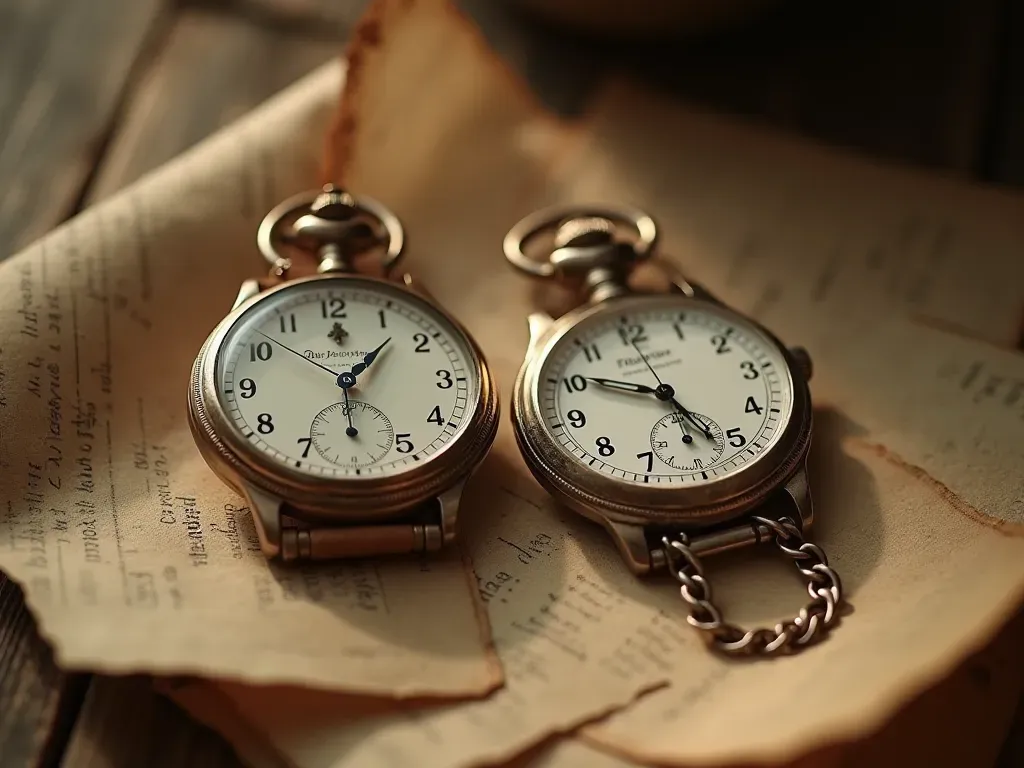 zamanın zarafeti ile hassas mühendisliğin buluştuğu eşsiz eserlerdir Artistic composition of a classic pocket watch and modern automatic wristwatch lying side by side on vintage papers with warm sepia tones evoking timeless elegance.
