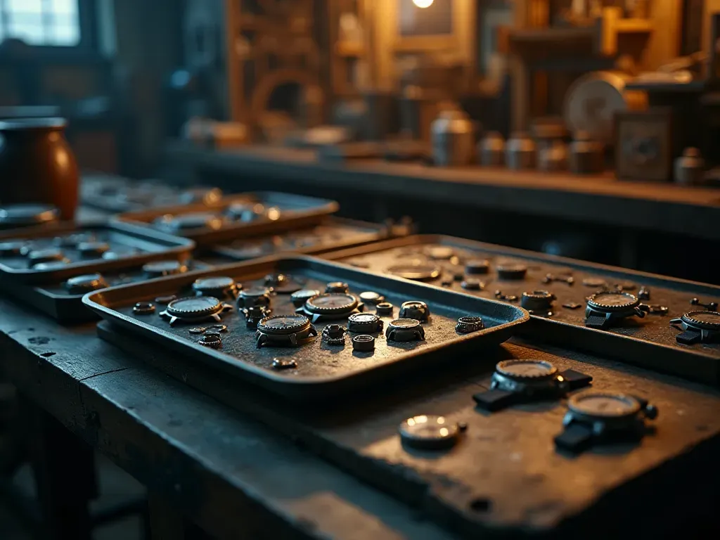 otomatik saat nedir Cinematic wide shot of a modern minimalist workshop bench with disassembled watch parts arranged neatly in metal trays under warm overhead lighting and soft shadows on smooth concrete floor