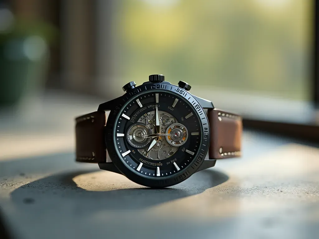 otomatik saat nedir Clean editorial still life of a modern wristwatch with visible caseback showing internal mechanism placed on smooth concrete surface next to soft natural daylight window shadow and minimal accessories in neutral tones