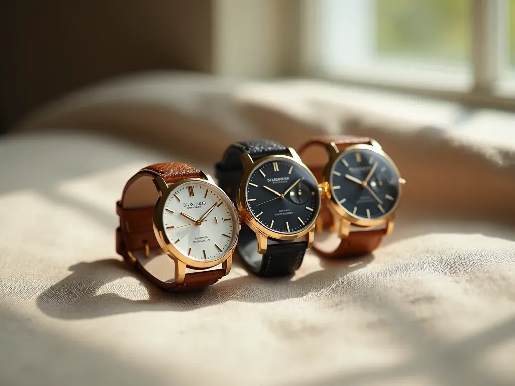aksesuarlar Clean editorial still life of three luxury wristwatches arranged neatly on a neutral textured fabric surface with soft natural window light creating gentle shadows.