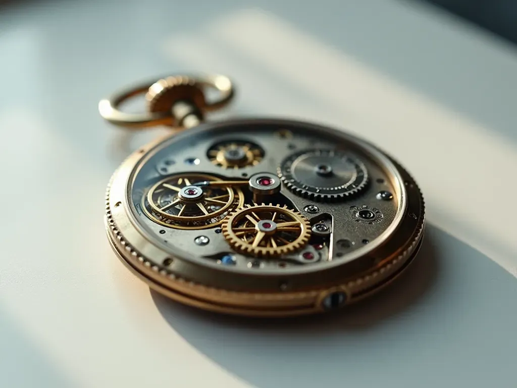 mekanizma detayları Close-up editorial shot of a vintage mechanical watch movement on a clean white surface with soft lighting highlighting gears and springs without any text or branding visible.
