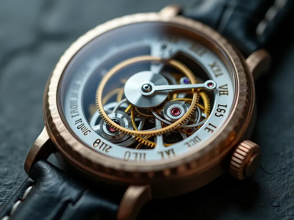 otomatik saat nedir Close-up macro photograph of a polished metal rotor inside an open watch case with visible gears and springs under soft white studio lighting on a dark slate surface