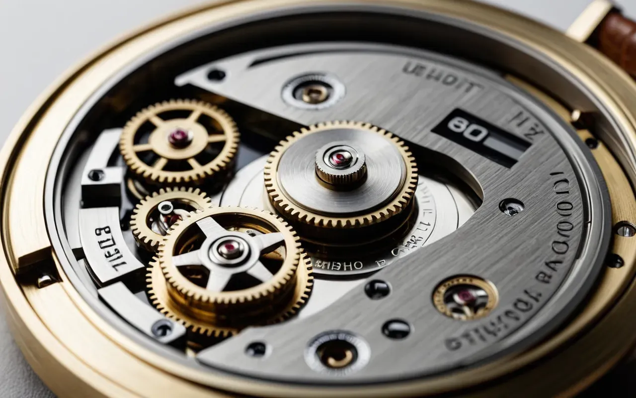 Close-up macro shot of a complex mechanical watch movement with brass gears and a balance wheel oscillating rapidly on a clean white surface under soft studio lighting