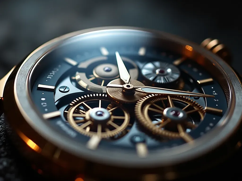otomatik mekanizma detayı Close-up macro shot of a luxury automatic watch face showing intricate mechanical gears through an exhibition caseback. Soft studio lighting highlights the polished steel and gold accents on the movement components.