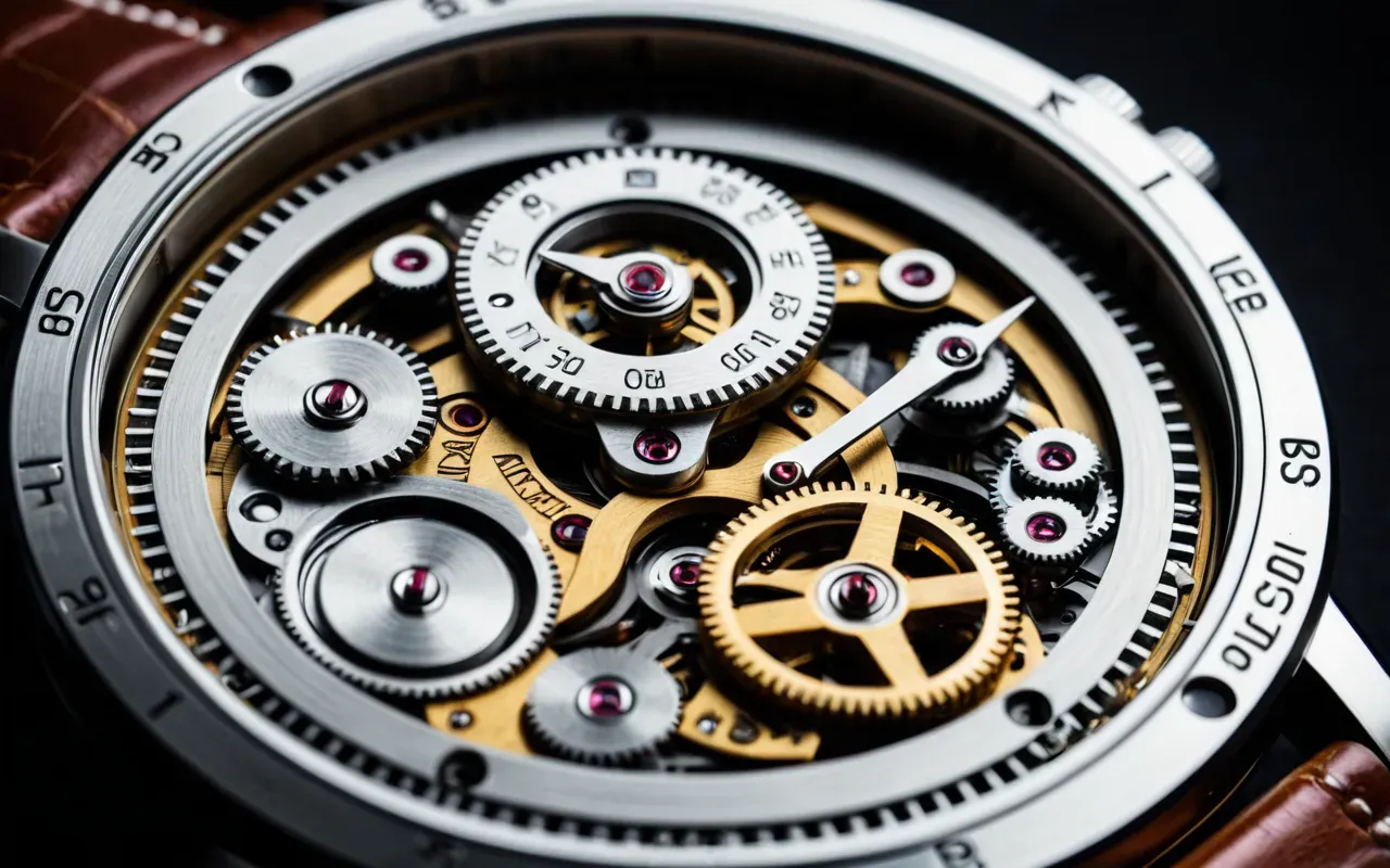 Close-up of a high-end mechanical wristwatch movement with visible gears and springs under bright studio lighting on a dark background showing precision engineering details