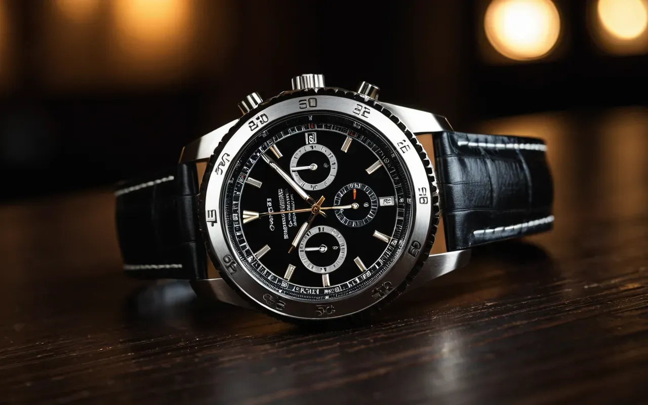 Close-up of a luxury men's automatic wristwatch lying on a dark wooden table surface with soft shadow play and warm ambient lighting showing the intricate gears through the case back glass clearly visible in high detail without any text or logos present.