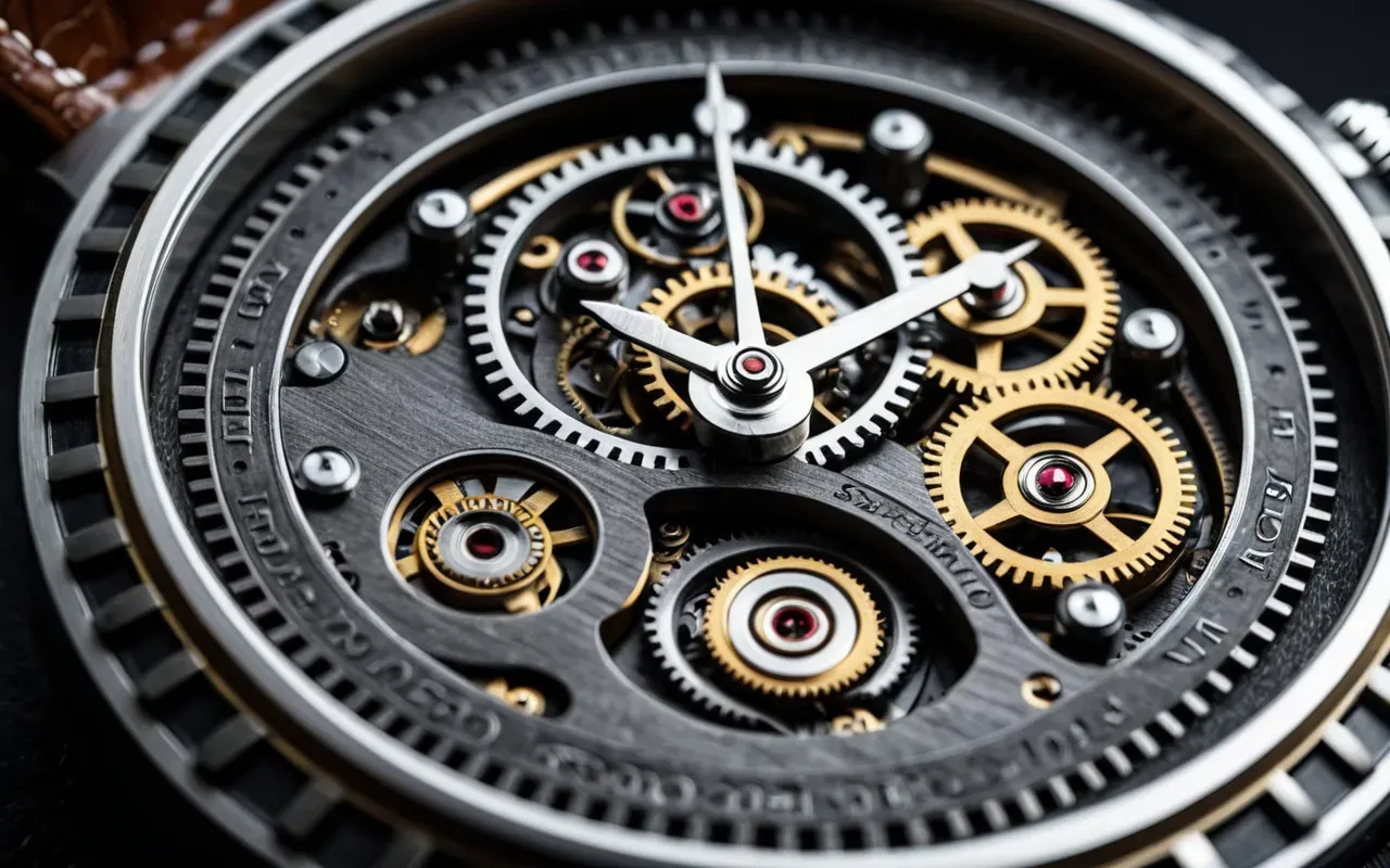 Close-up of a luxury watch mechanism showing intricate gears and springs under bright studio lighting on a dark background.