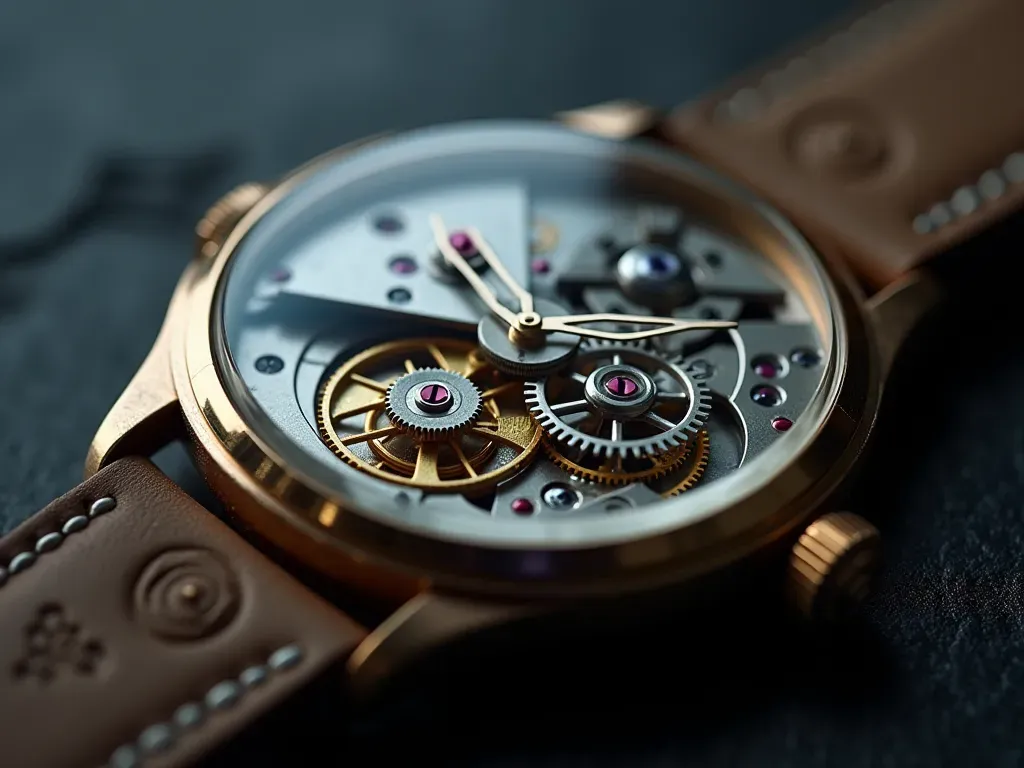 Close up of a mechanical wristwatch movement with visible gears and springs on a clean dark surface under studio lighting