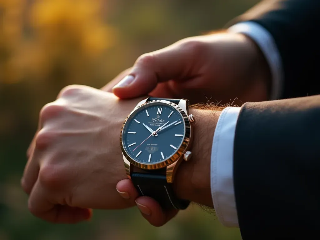 Close up of a person hands carefully examining the crown and dial of a luxury wristwatch in bright natural daylight with shallow depth of field