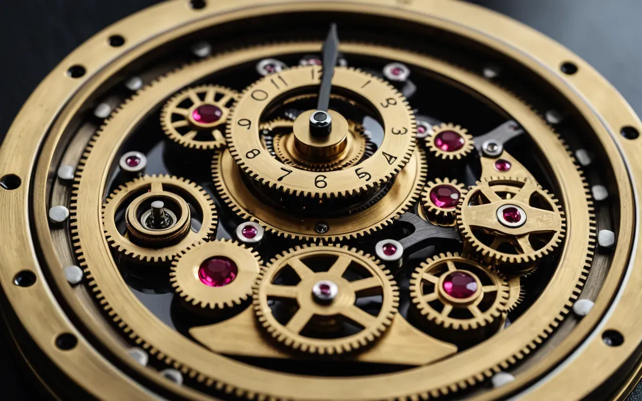 Close-up of an intricate mechanical clock movement with polished brass gears and ruby jewels, soft natural light reflecting off the metal surfaces, shallow depth of field highlighting precision engineering.