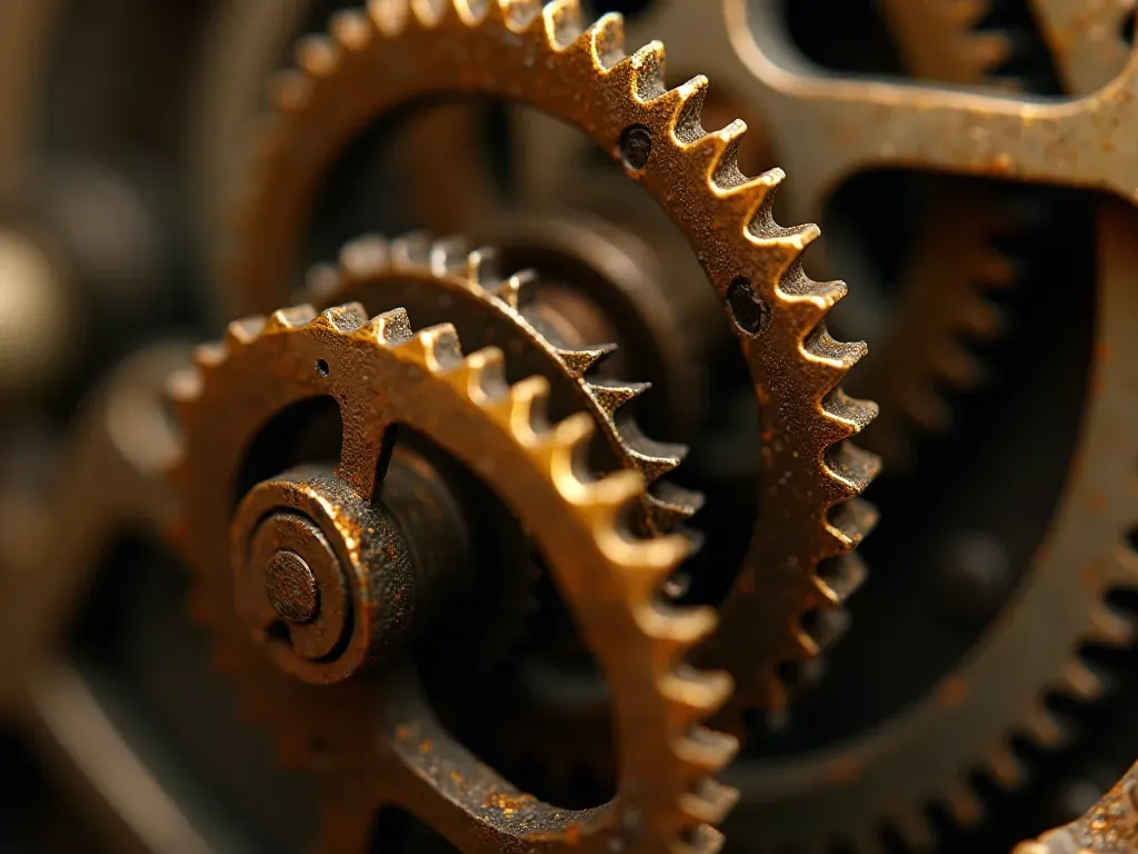 Close-up of an old brass clock gear mechanism with intricate teeth and oil stains showing age but perfect function in warm lighting without any text or labels visible on metal surfaces surrounding the gears.