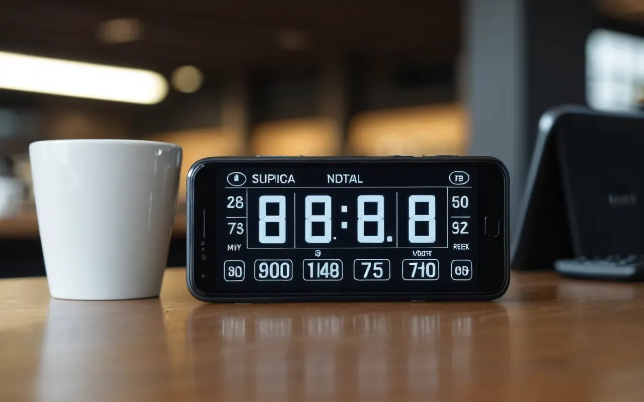 Close-up shot of a modern smartphone screen displaying a digital clock interface with blurred background showing a desk and coffee cup. The focus is on the time display which appears slightly off compared to reality, illustrating a technical glitch or software mismatch in the operating system settings.