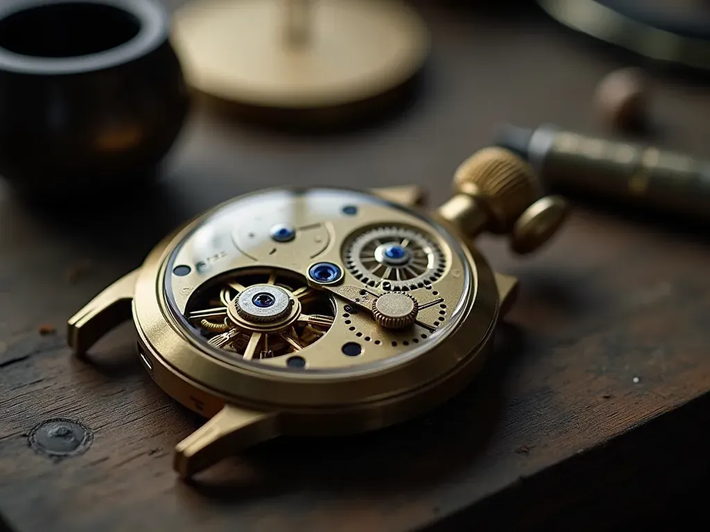 mekanik saat hareketi Close-up shot of a vintage mechanical watch movement resting on a dark wooden workbench, illuminated by soft natural window light, brass gears and blue steel screws sharply in focus, no text or branding visible