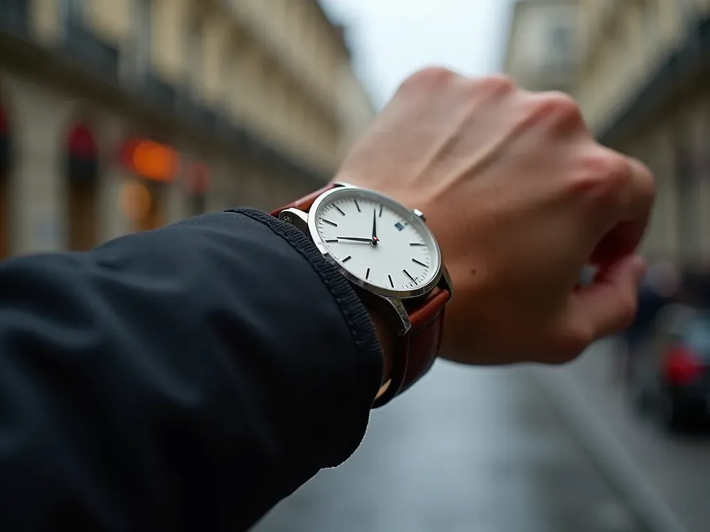 şık aksesuarlar Close-up shot of a wrist wearing an elegant automatic watch with leather strap against a blurred urban background showing sophisticated lifestyle and fashion sense.
