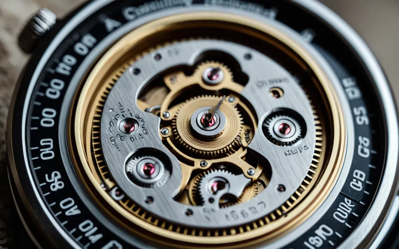 Close up view of a mechanical watch movement showing the rotor oscillating back and forth against a blurred background, highlighting the intricate gears and springs in natural light.