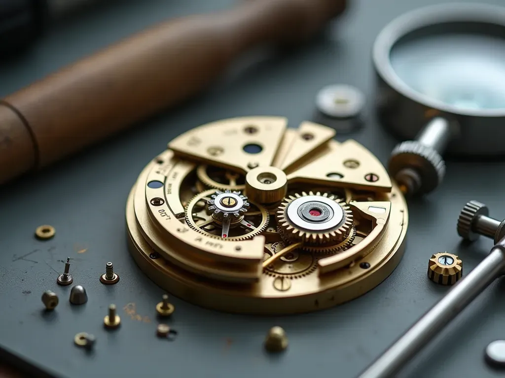 saat dişli onarım Detailed macro photograph of a brass watch gear mechanism with precision screwdrivers and magnifying loupe on a neutral gray work surface, soft diffused lighting highlighting metallic textures, absolutely no text or labels