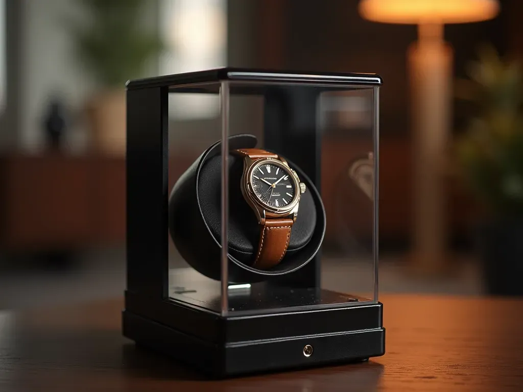 saat bakımı Detailed view of a watch winder device rotating slowly with soft ambient lighting highlighting the mechanical motion and luxury aesthetic in a modern interior setting.