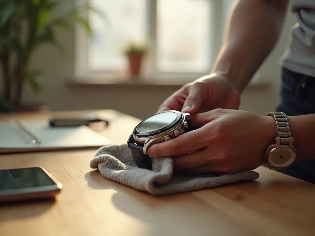 otomatik saat nedir Editorial photograph of a wristwatch being cleaned with soft microfiber cloth in hands under bright natural window light on minimalist wooden table with neutral color palette and clean composition