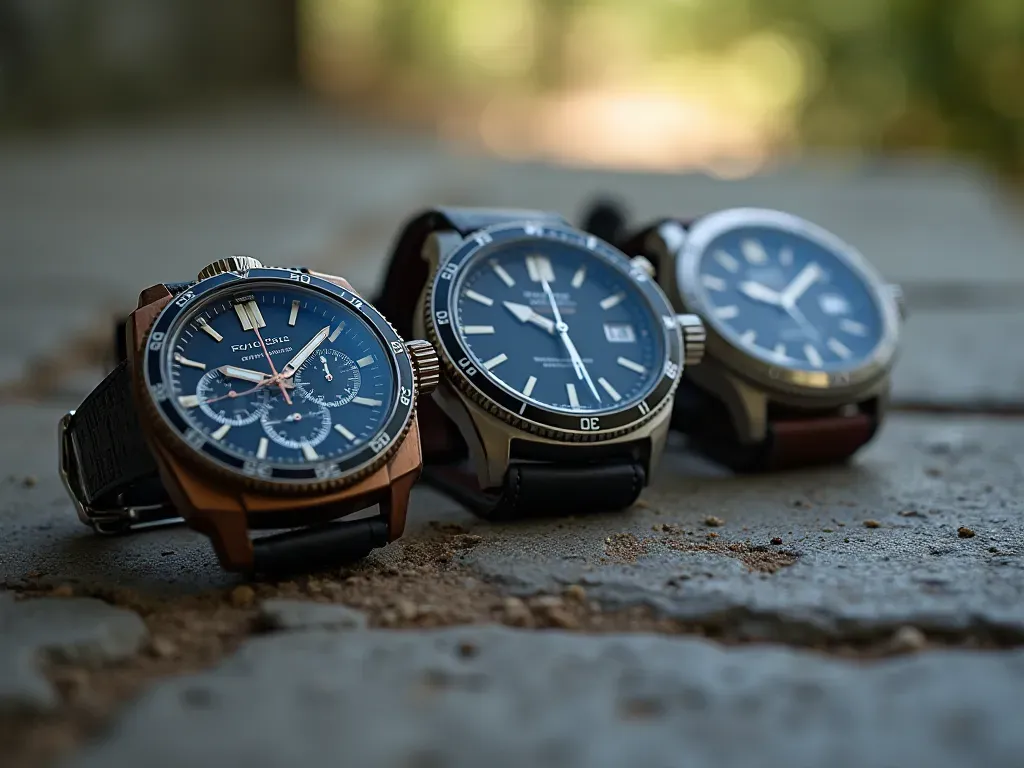 Editorial still life of three different wristwatches arranged diagonally on a textured concrete surface with soft natural lighting
