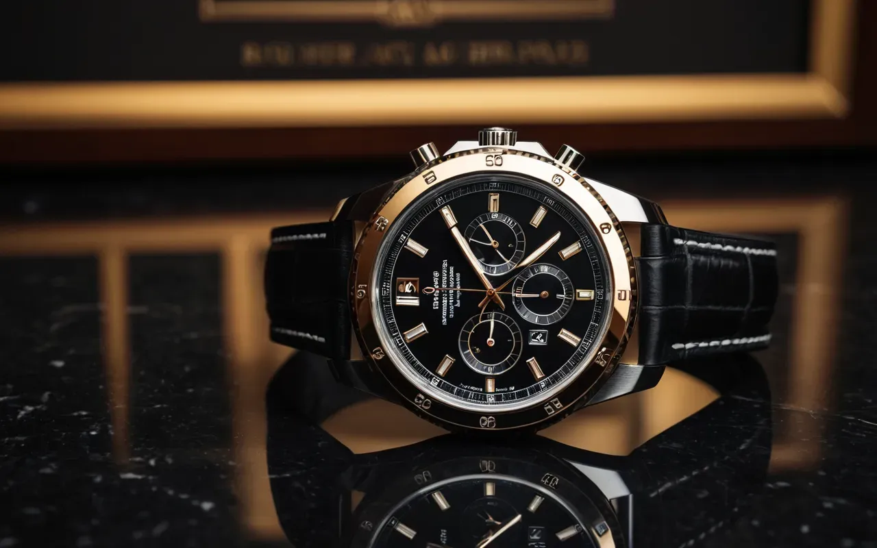 Elegant editorial still life of a luxury automatic watch placed on dark marble with soft shadows and warm ambient lighting highlighting the polished metal case details