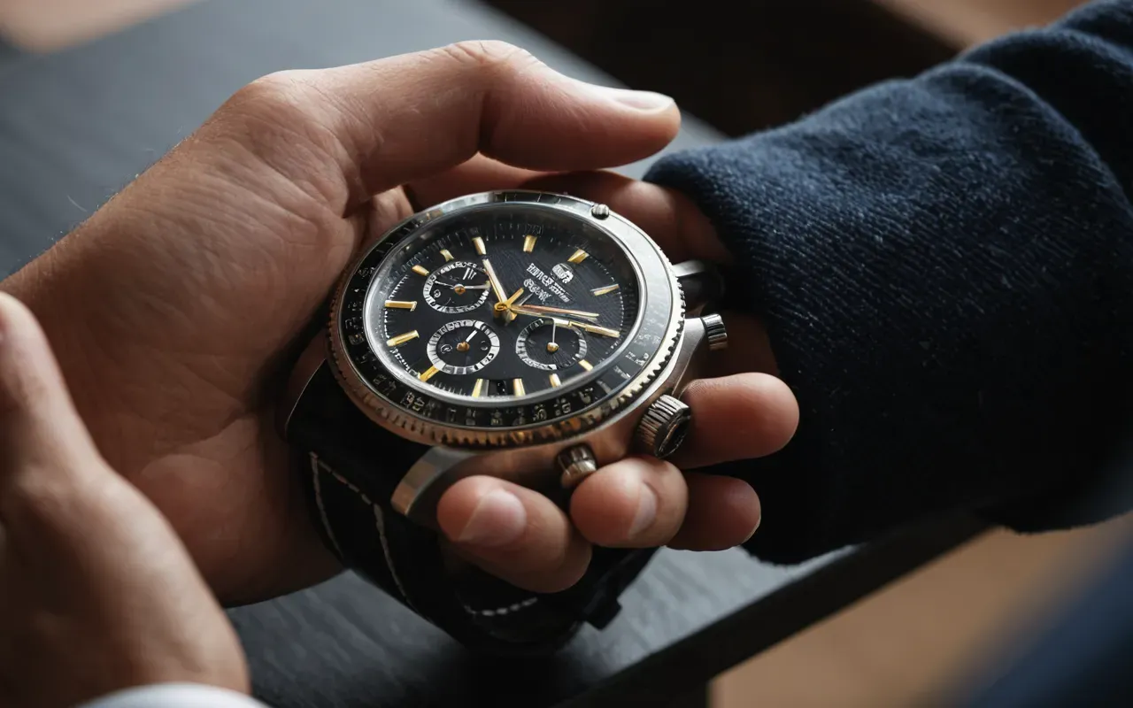 Hands of a person carefully winding the crown of a wristwatch with precision fingers, showing the mechanical interaction between human touch and timepiece.