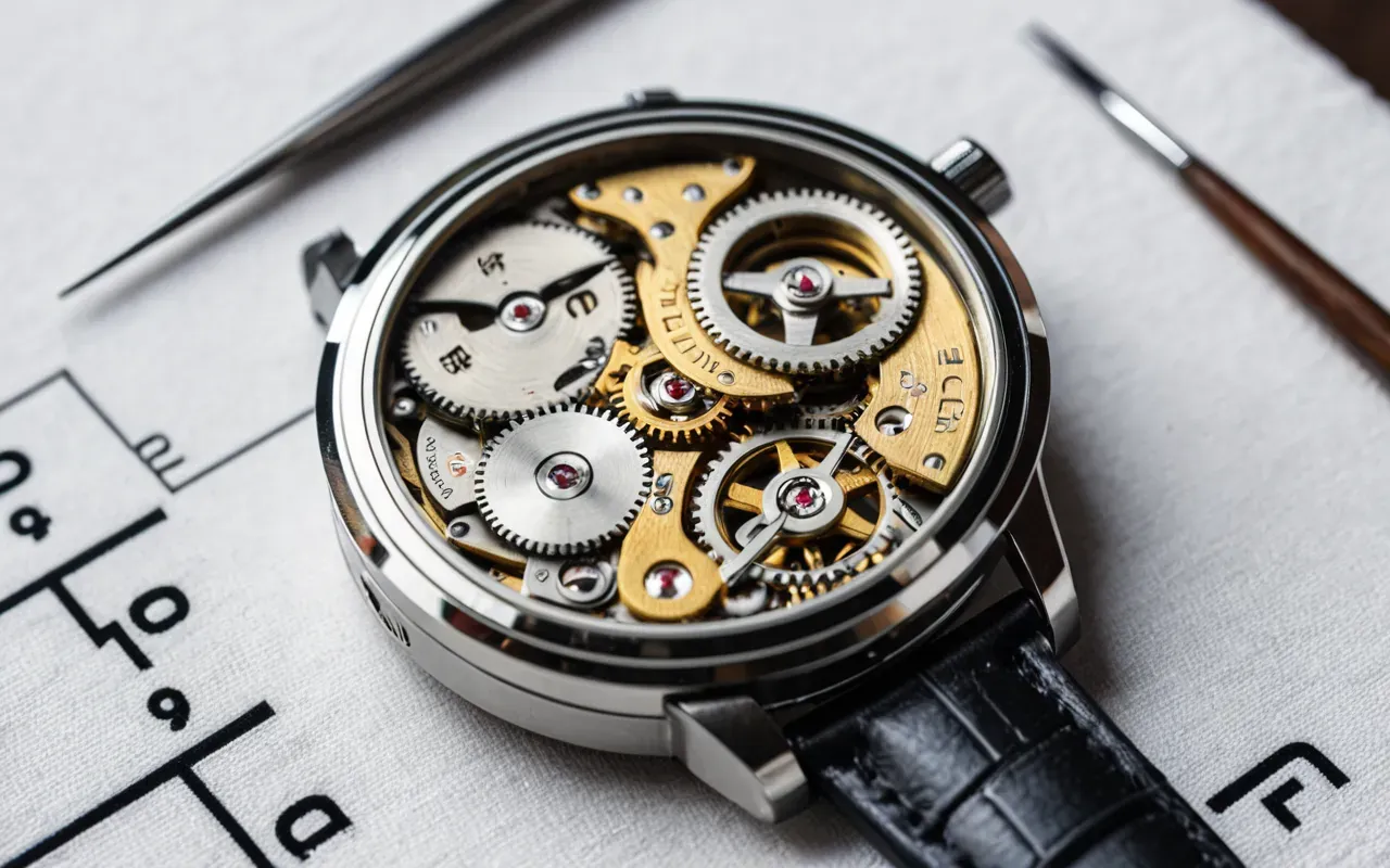 Macro photography of a disassembled mechanical watch movement placed on a clean white mat with tweezers and small brushes nearby showing the complex gear train and balance wheel under bright studio lighting focusing strictly on metallic textures.
