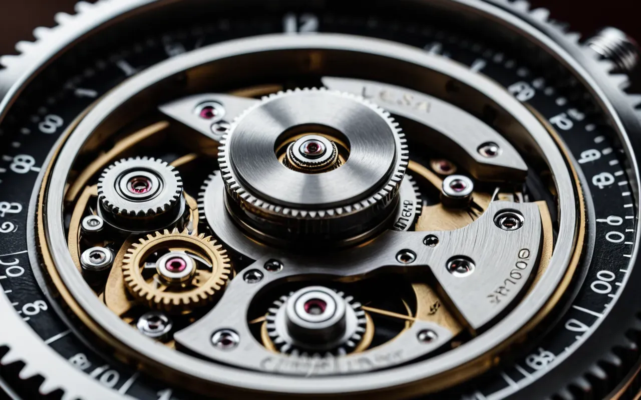Macro photography of a high-end automatic watch mechanism with visible gears and springs under soft studio lighting. The intricate details of the movement are sharp while the background remains completely blurred to emphasize precision engineering.