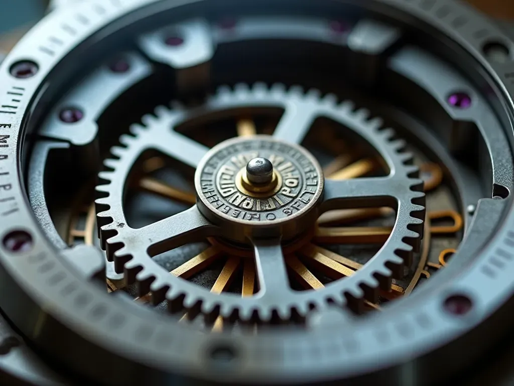 teknik detaylarını Macro photography of intricate gear teeth meshing together inside a mechanical watch case with shallow depth of field showing metallic textures and precision engineering.