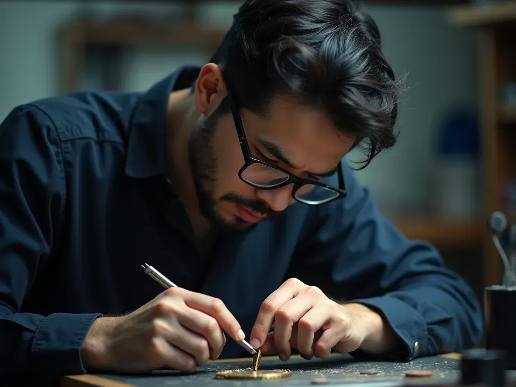 saatçi ustası Minimalist workspace showing a professional watchmaker using precision tools under bright focused lighting with blurred background emphasizing concentration and craftsmanship.