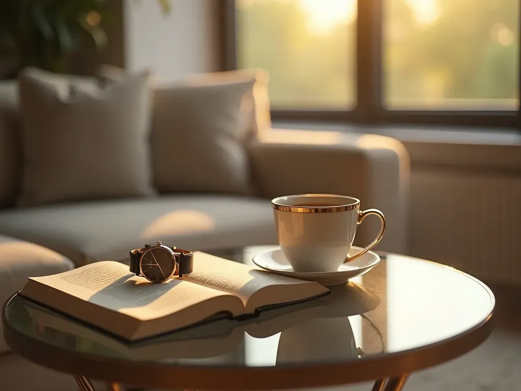 lüks yaşam tarzı Modern minimalist living room interior with a luxury watch resting on a glass coffee table next to an open book and a cup of tea bathed in warm afternoon sunlight.