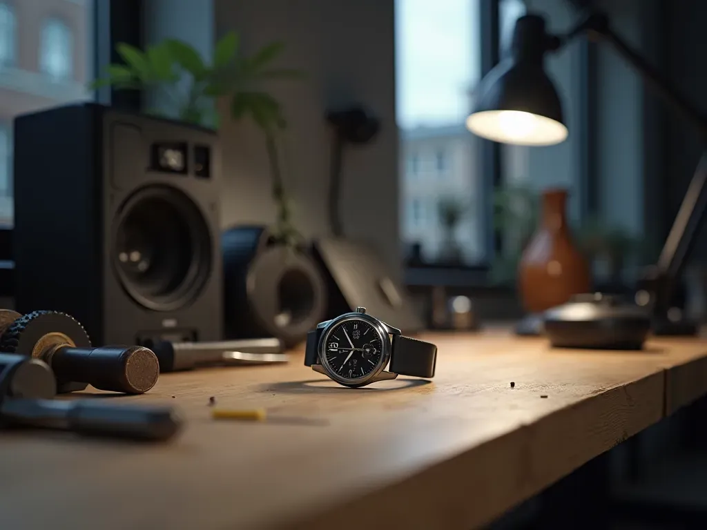Modern minimalist watchmaker workspace with precision tools and a single wristwatch under examination on a clean wooden table with soft window light