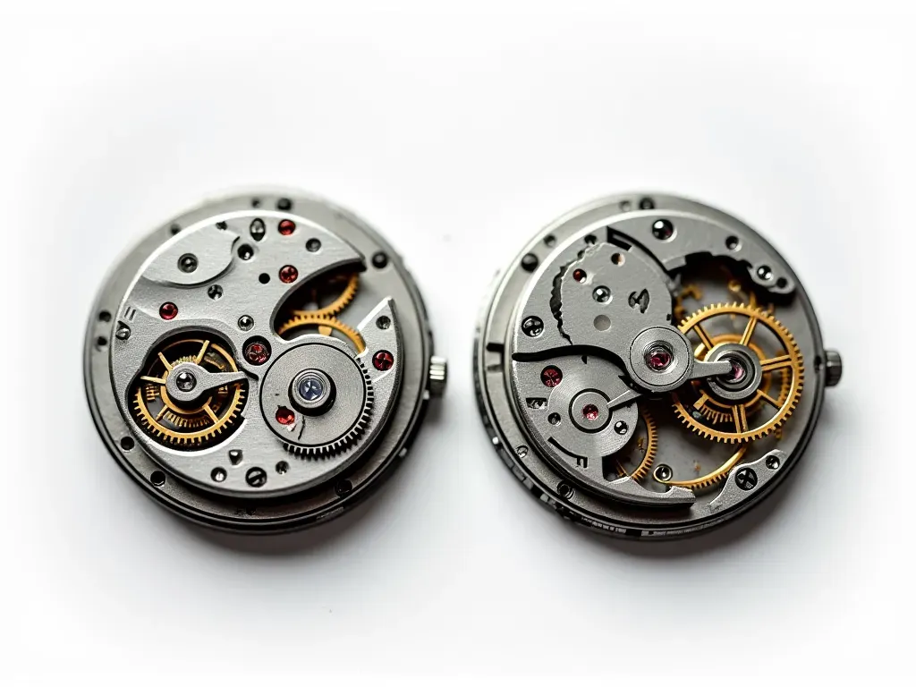 otomatik saat nedir Side by side comparison photograph of two open watch movements one with a rotor and one without under even diffused studio lighting on clean white background showing mechanical differences clearly