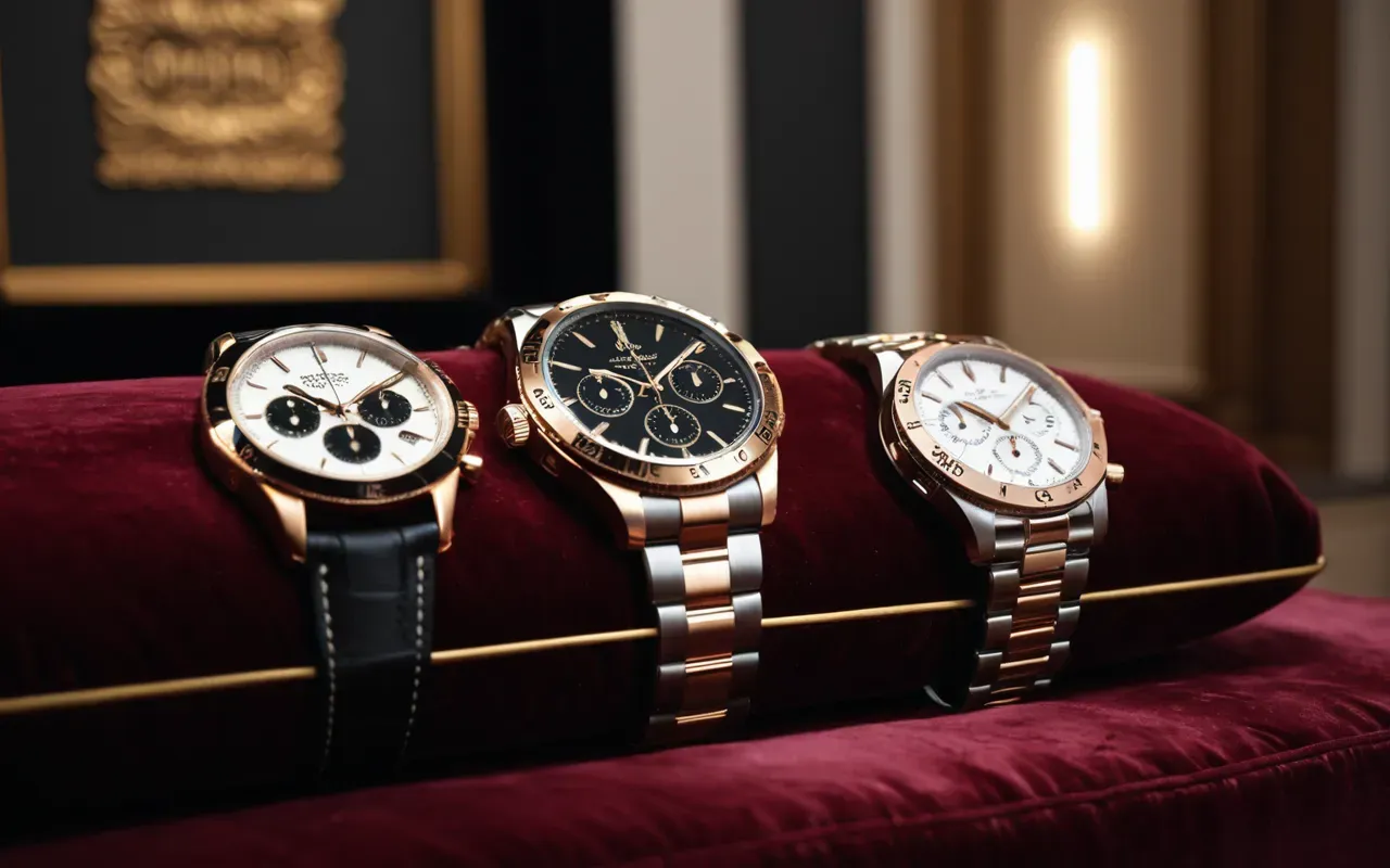 iki luks saat karşılaştırması Two luxury watches side by side on a velvet cushion, one with pink gold plating and the other in brushed steel, displayed under elegant museum-style lighting.