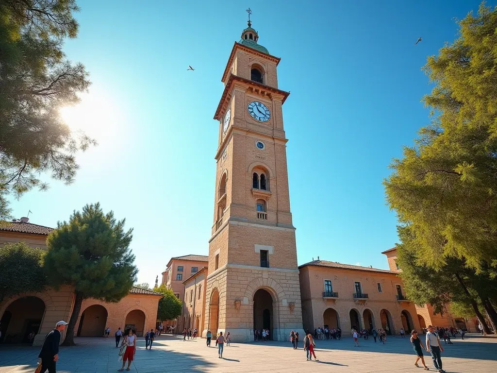 Wide angle shot of a historic stone clock tower under bright sunlight with clear blue sky. People walking in the park below admiring the architecture. Warm tones highlighting aged stonework and intricate architectural details without any text overlays.