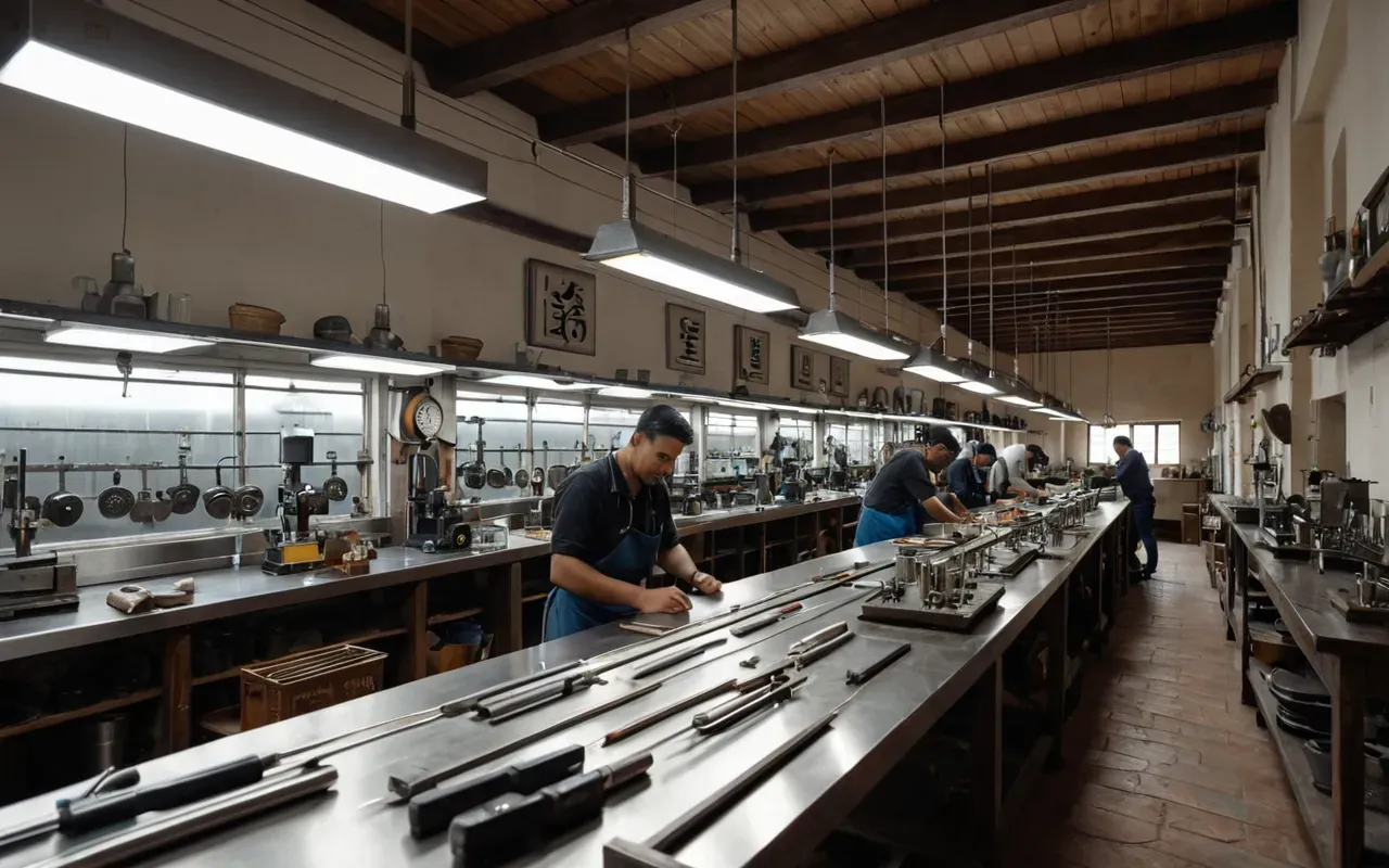 Wide angle shot of a modern watchmaking workshop with rows of precision tools on stainless steel tables and a craftsman working under magnifying lamps creating a professional clean environment free from any readable signage or background distractions.