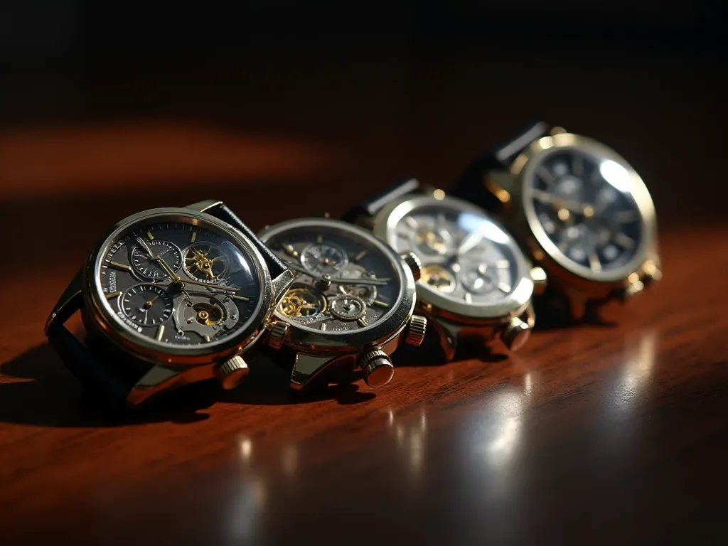otomatik saat nedir Wide editorial photograph of three different open wristwatch movements arranged in a row on polished dark wood surface under soft directional studio lighting showing varying gear sizes and rotor designs