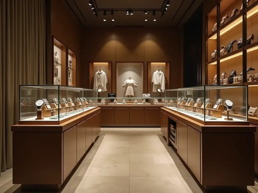 lüks saat mağaza atmosferi Wide shot of an empty luxury boutique interior with glass display cases containing various high-end wristwatches. Warm ambient lighting creates a sophisticated atmosphere emphasizing craftsmanship.
