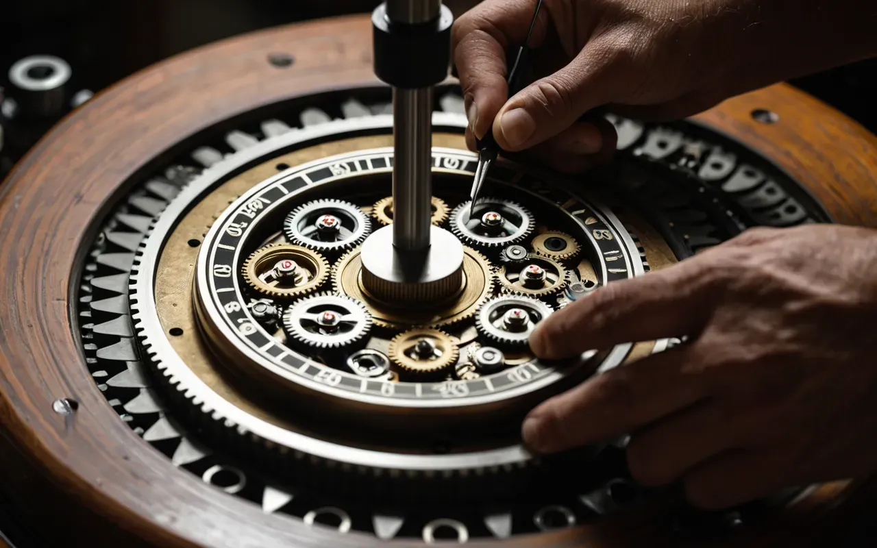 A close-up of a master watchmaker's hands working on intricate clock gears with precision tools under bright workshop lighting.