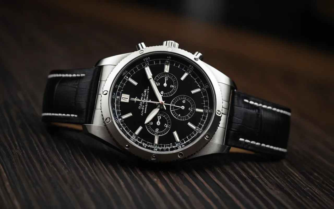A close-up of a stainless steel automatic watch with a black dial and white hands resting on a dark wooden surface under soft studio lighting.