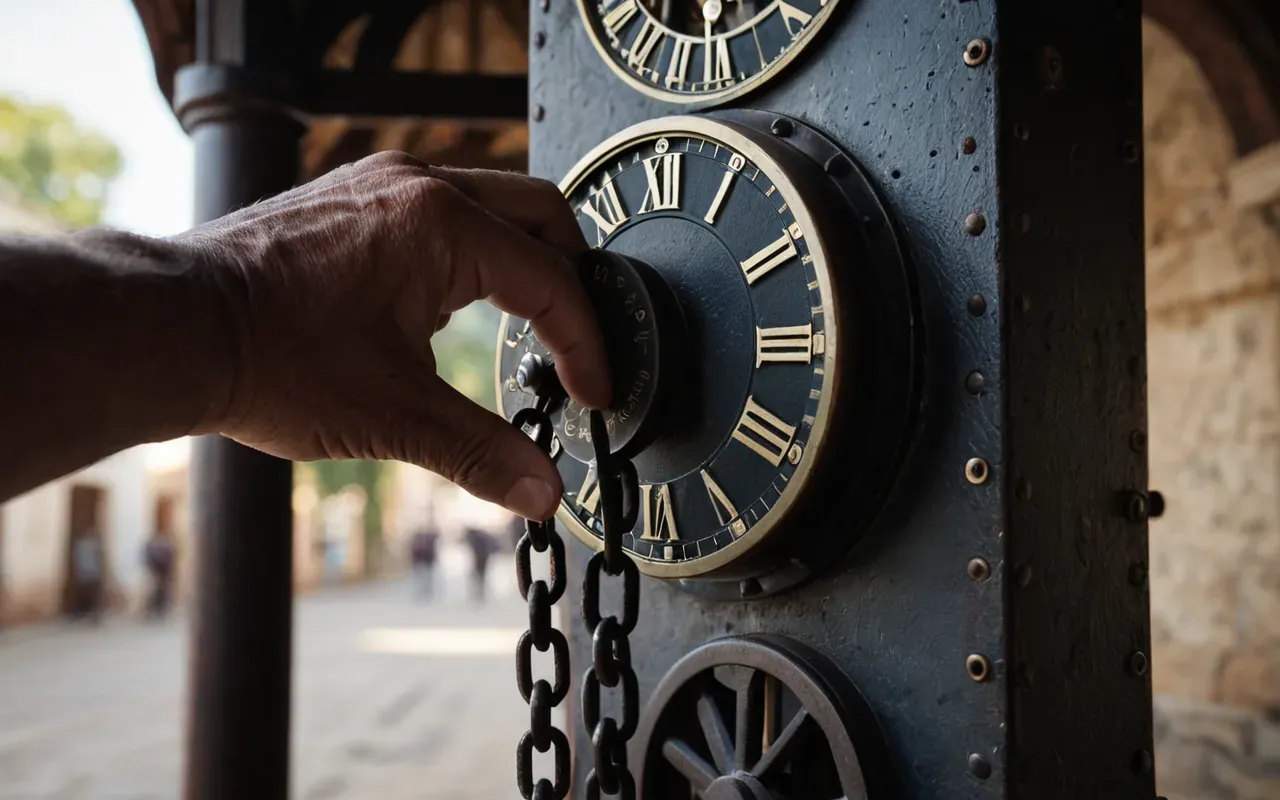 mekanik saat detayı A close-up of a weathered hand gripping the heavy iron chain of an old mechanical clock tower mechanism in soft morning light.
