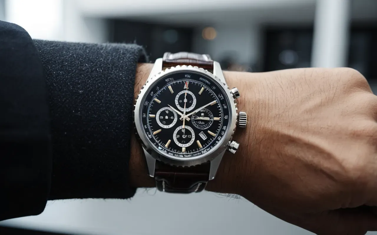 A close-up of a wrist wearing a high-end automatic mechanical watch with a visible intricate movement. The background is softly blurred showing a modern office desk with natural light.