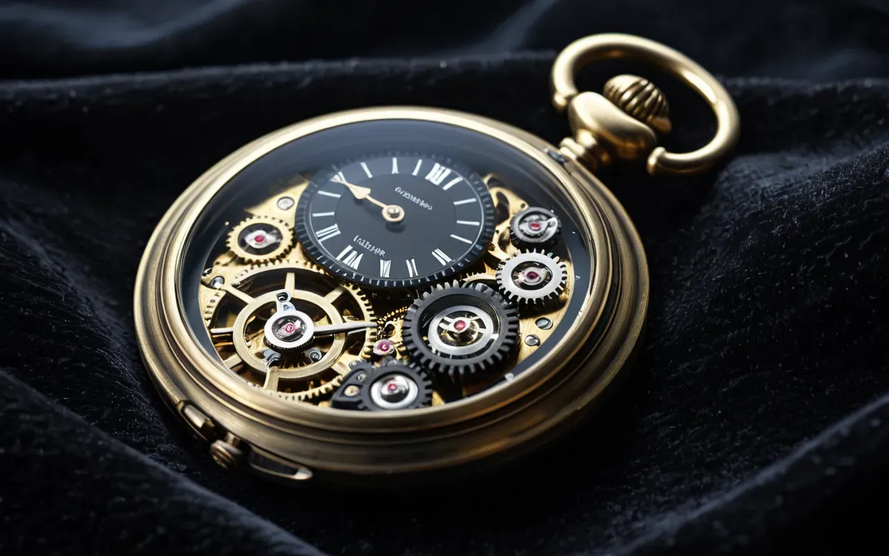 A close-up of an antique brass pocket watch with intricate mechanical gears visible through a clear glass cover resting on dark velvet fabric under warm soft studio lighting highlighting the detailed craftsmanship and aged metal texture.